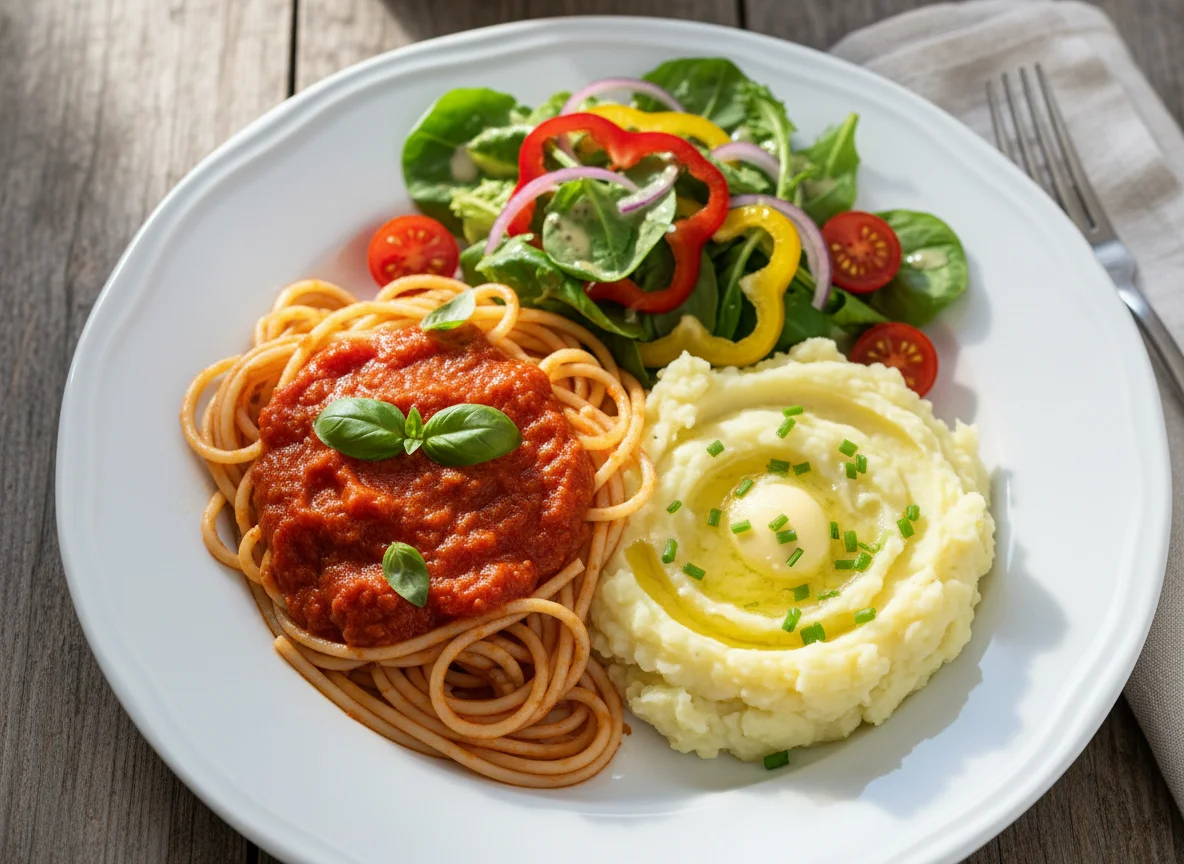 Spaghetti mit Kartoffelbrei und Salat photo