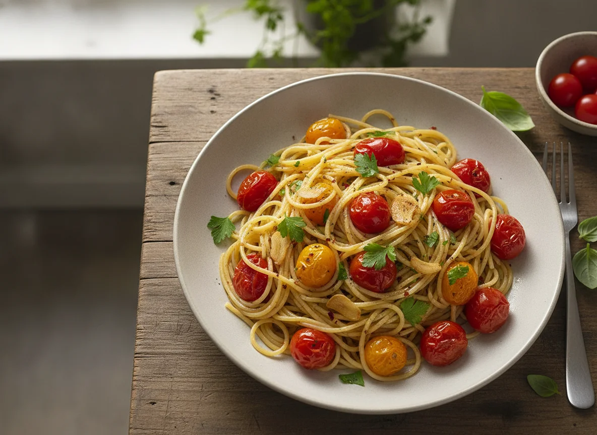 Spaghetti mit Kirschtomaten und Knoblauch photo