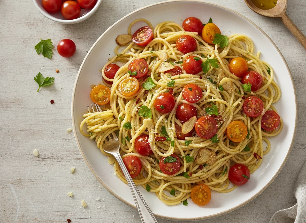 Spaghetti mit Kirschtomaten und Knoblauchöl photo