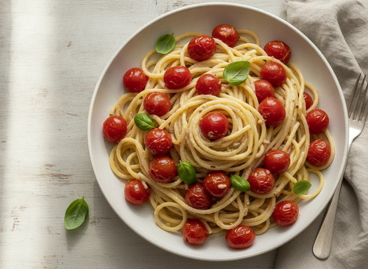 Spaghetti mit Kirschtomaten und Sahnesauce photo