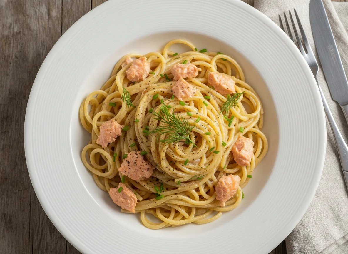 Spaghetti mit Lachs in Sahnesauce photo