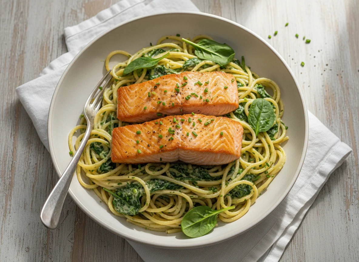 Spaghetti mit Lachs und Spinat-Sahne-Sauce photo