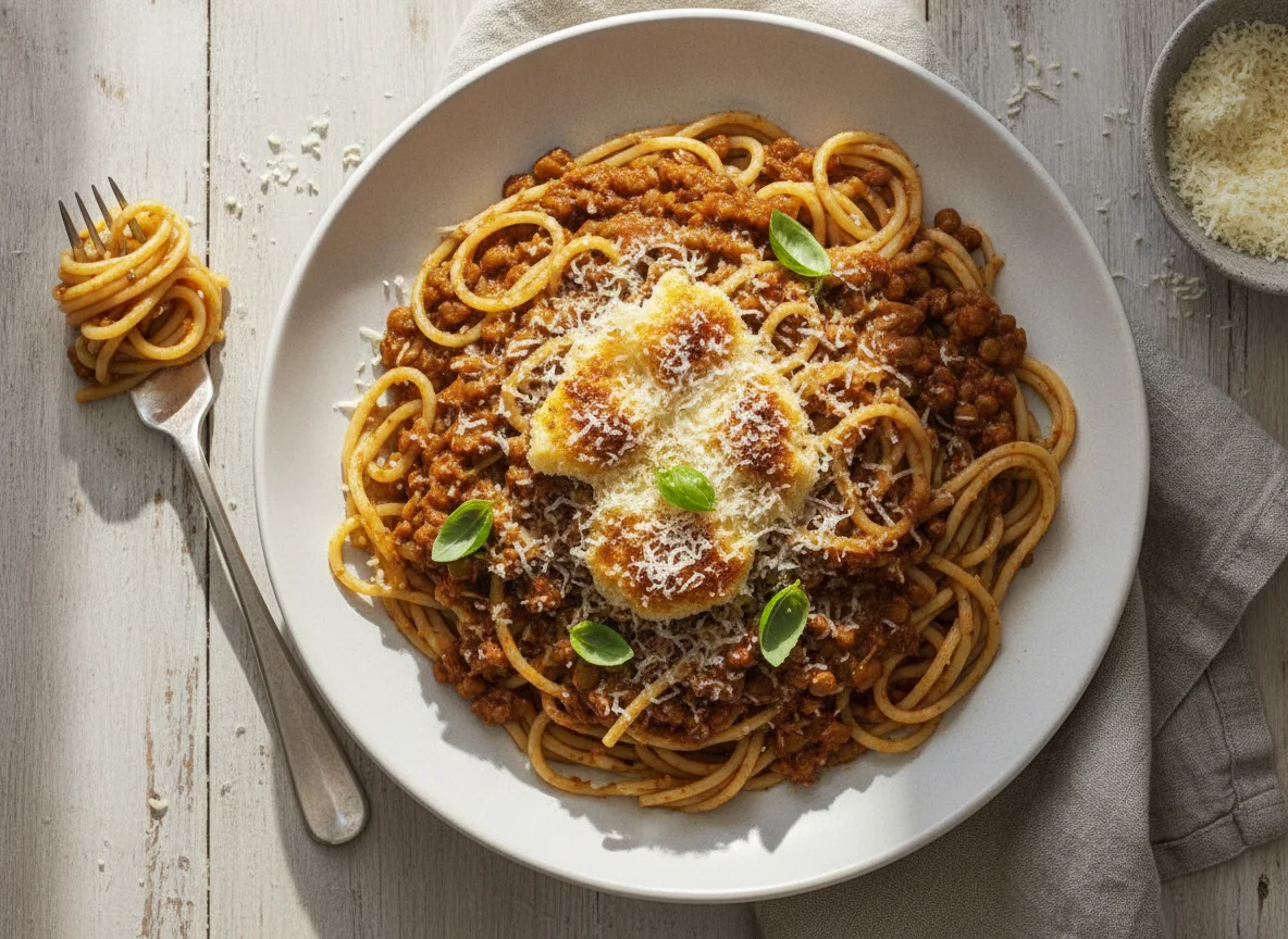Spaghetti mit Linsenbolognese und Käse photo