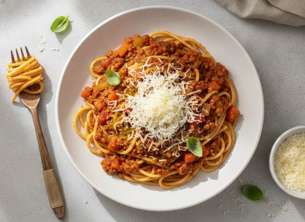 Spaghetti mit Linsenbolognese und Parmesan photo