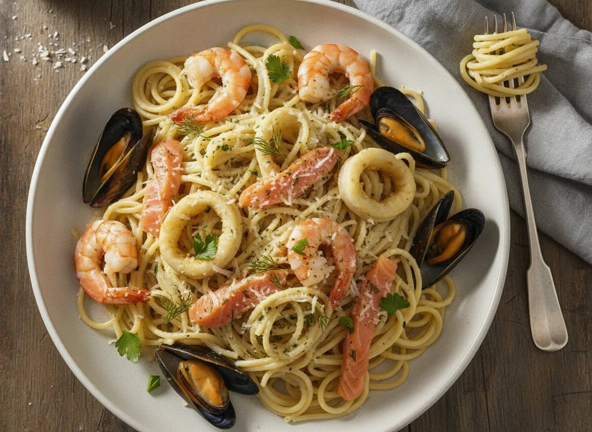 Spaghetti mit Meeresfrüchten in Sahnesauce photo