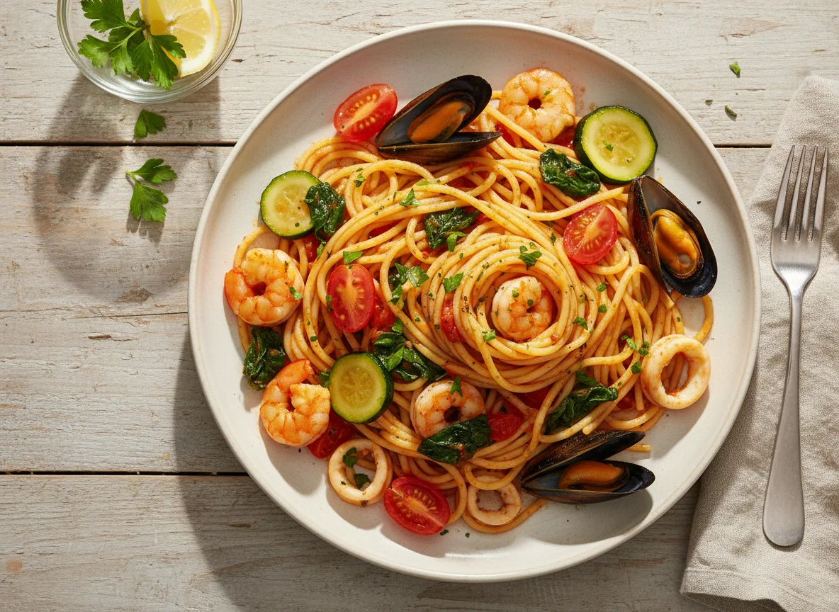 Spaghetti mit Meeresfrüchten und Gemüse photo