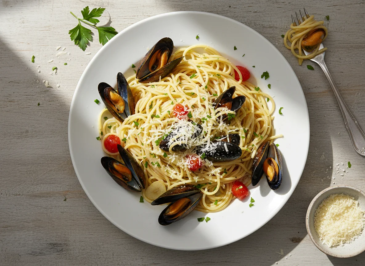 Spaghetti mit Miesmuscheln und Parmesan photo