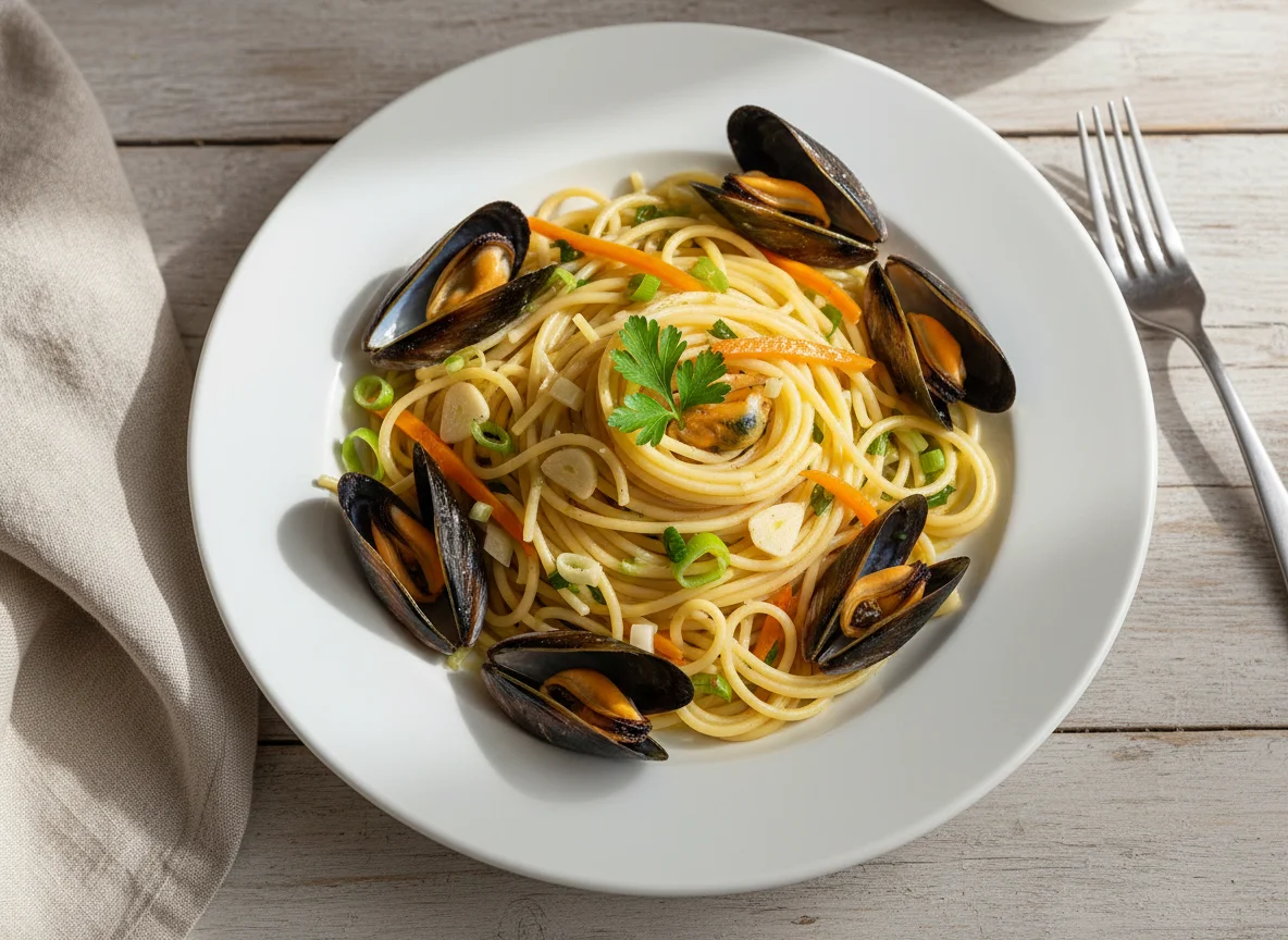 Spaghetti mit Muscheln und Gemüse photo