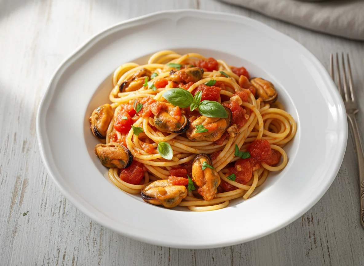 Spaghetti mit Muscheln und Tomatensauce photo