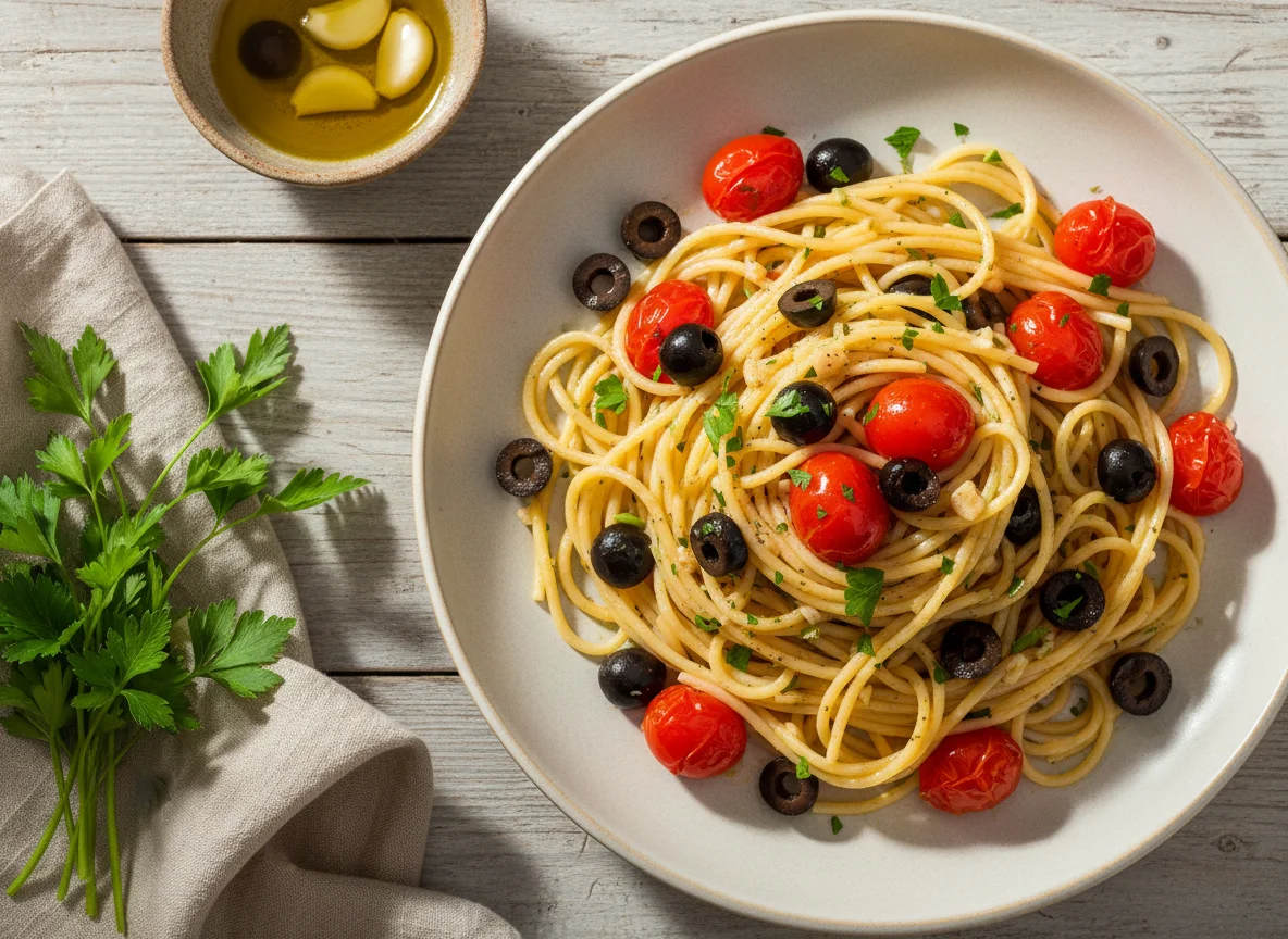 Spaghetti mit Oliven und Tomaten photo