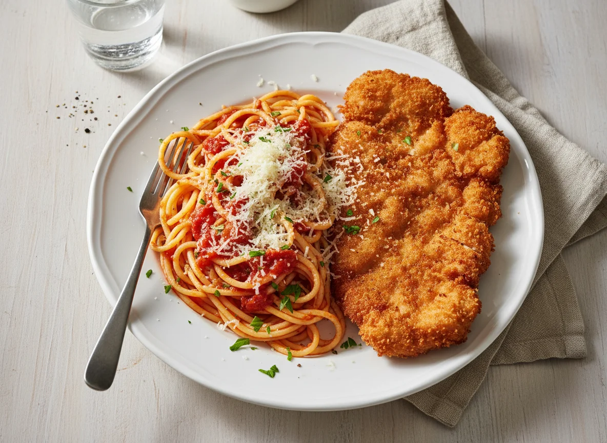 Spaghetti mit paniertem Schnitzel photo