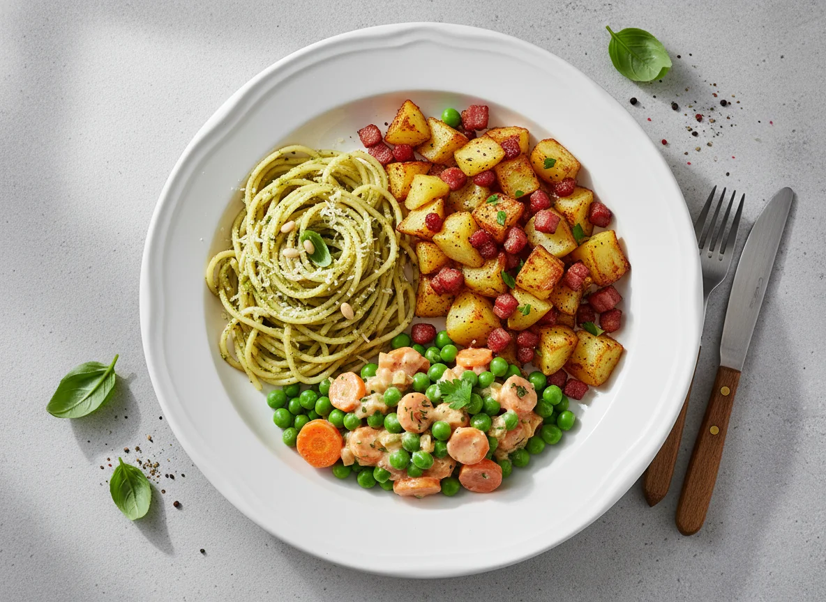 Spaghetti mit Pesto, Bratkartoffeln und Erbsen-Karotten-Gemüse photo