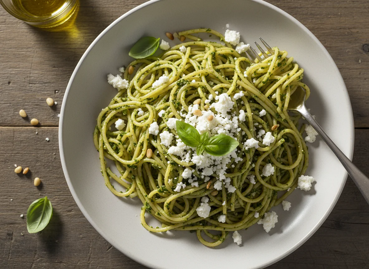 Spaghetti mit Pesto und Feta photo