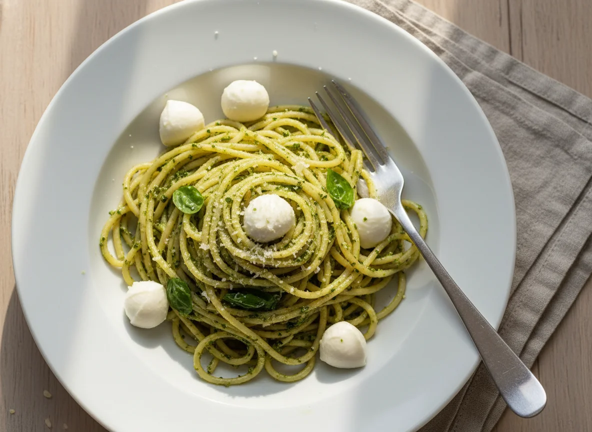 Spaghetti mit Pesto und Mozzarella photo