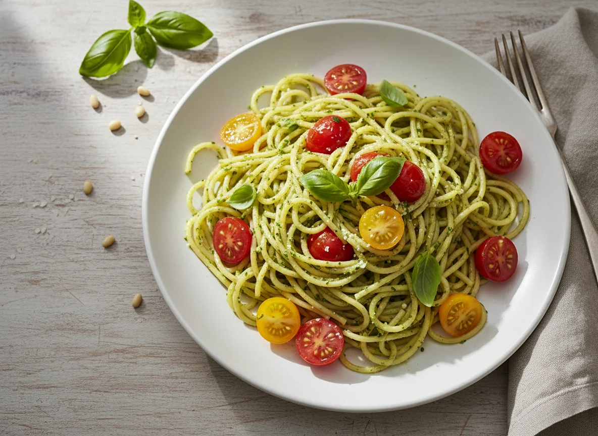 Spaghetti mit Pesto und Tomaten photo