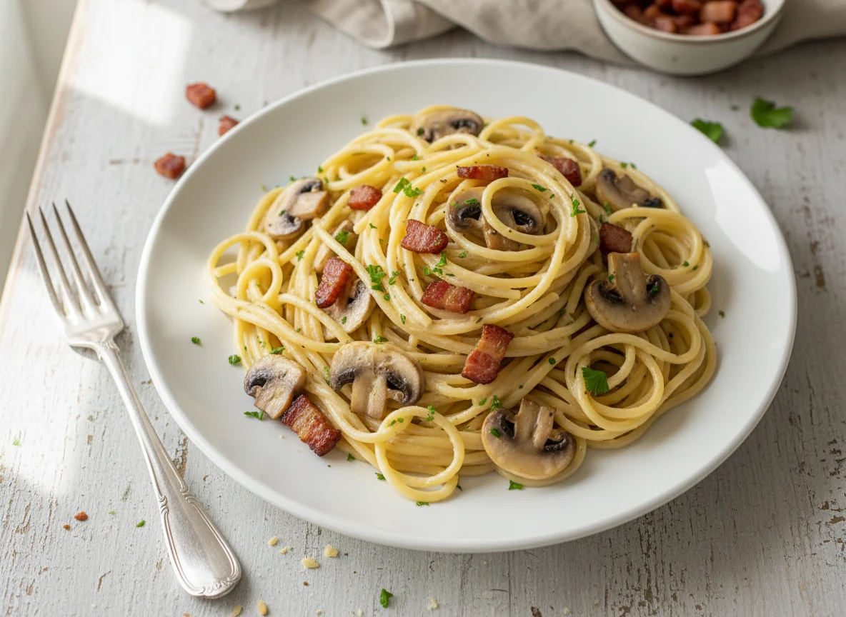 Spaghetti mit Pilzen und Speck photo