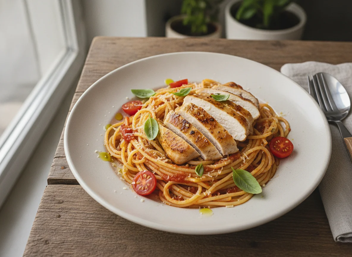 Spaghetti mit Poulet und Tomatensauce photo
