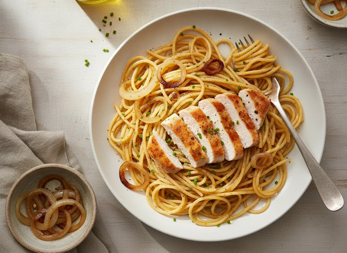 Spaghetti mit Poulet und Zwiebeln photo