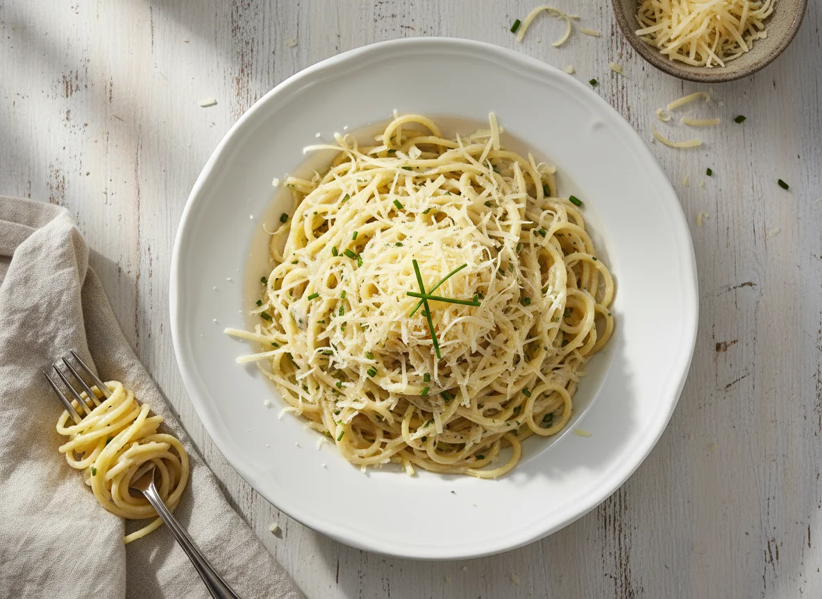Spaghetti mit Rahmsauce und Käse photo