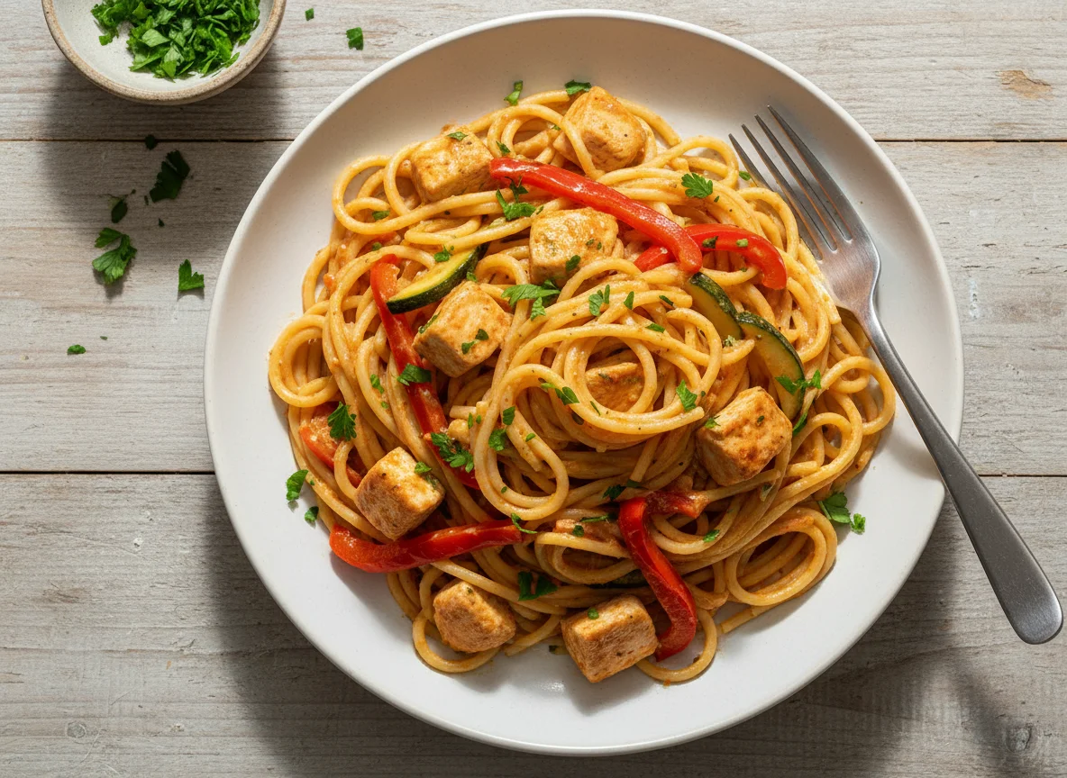 Spaghetti mit Rahmsauce und Poulet photo