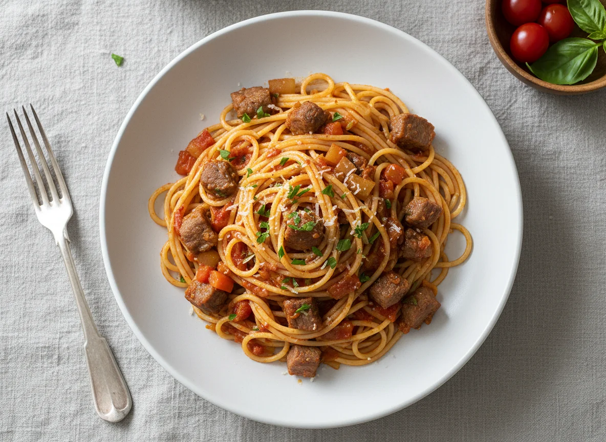 Spaghetti mit Rindfleisch und Tomatensauce photo