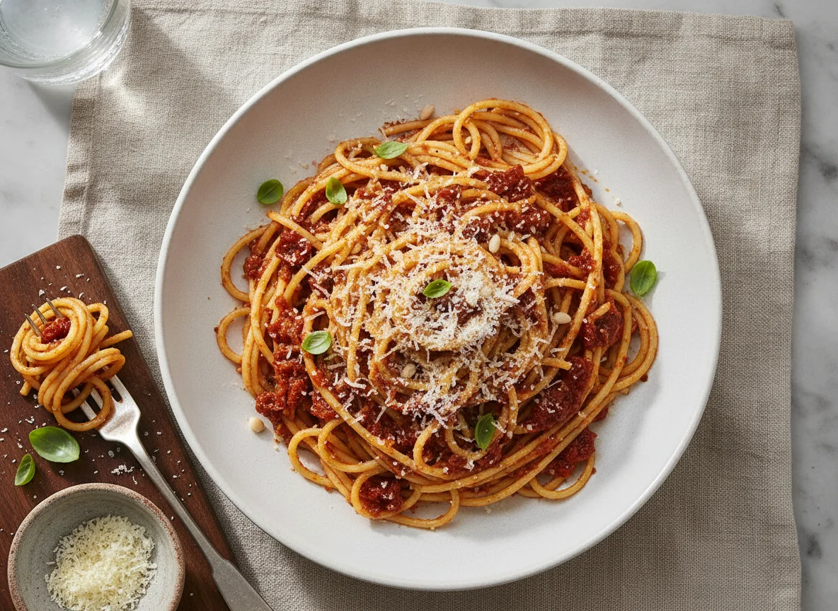 Spaghetti mit rotem Pesto photo