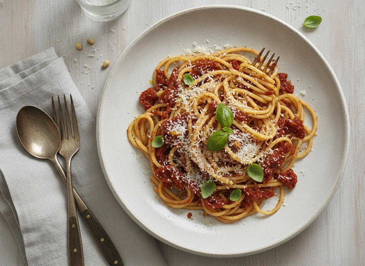 Spaghetti mit rotem Pesto und Parmesan photo