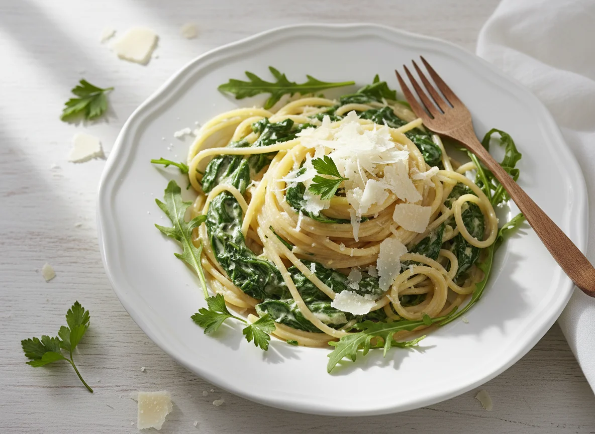Spaghetti mit Sahnesauce, Spinat und Parmesan photo