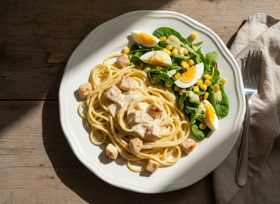 Spaghetti mit Sahnesauce und Hähnchensalat photo