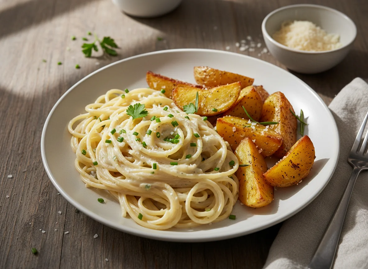 Spaghetti mit Sahnesauce und Ofenkartoffeln photo