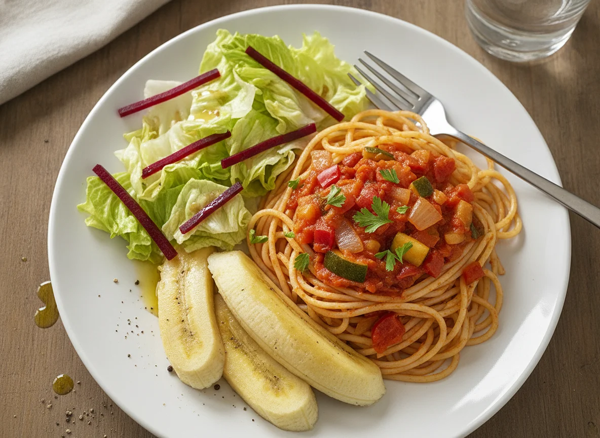 Spaghetti mit Sauce, Kochbanane und Salat photo