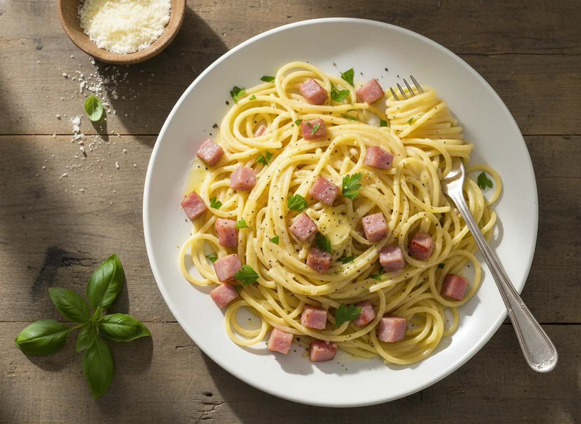 Spaghetti mit Schinken und cremiger Sauce photo