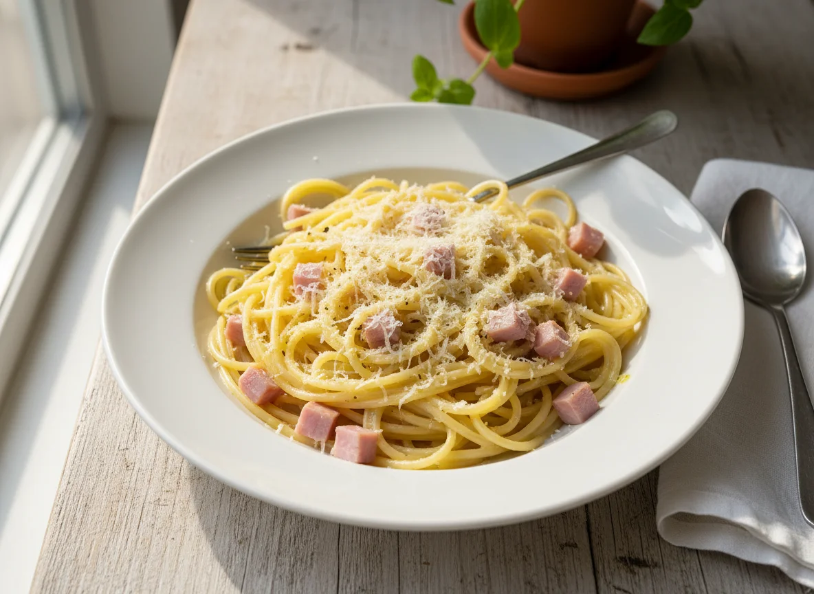 Spaghetti mit Schinken und Käse photo