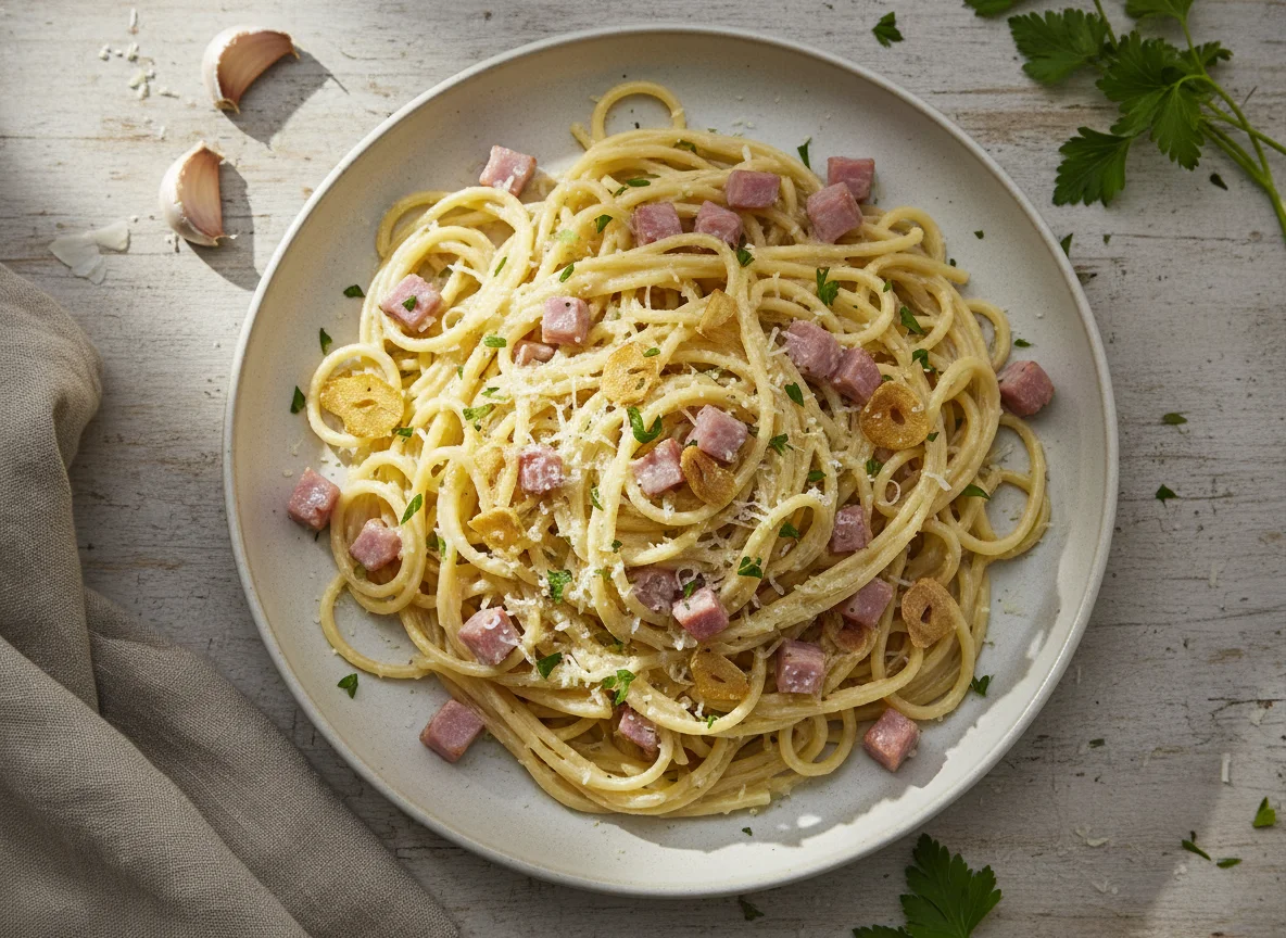 Spaghetti mit Schinken und Knoblauch photo