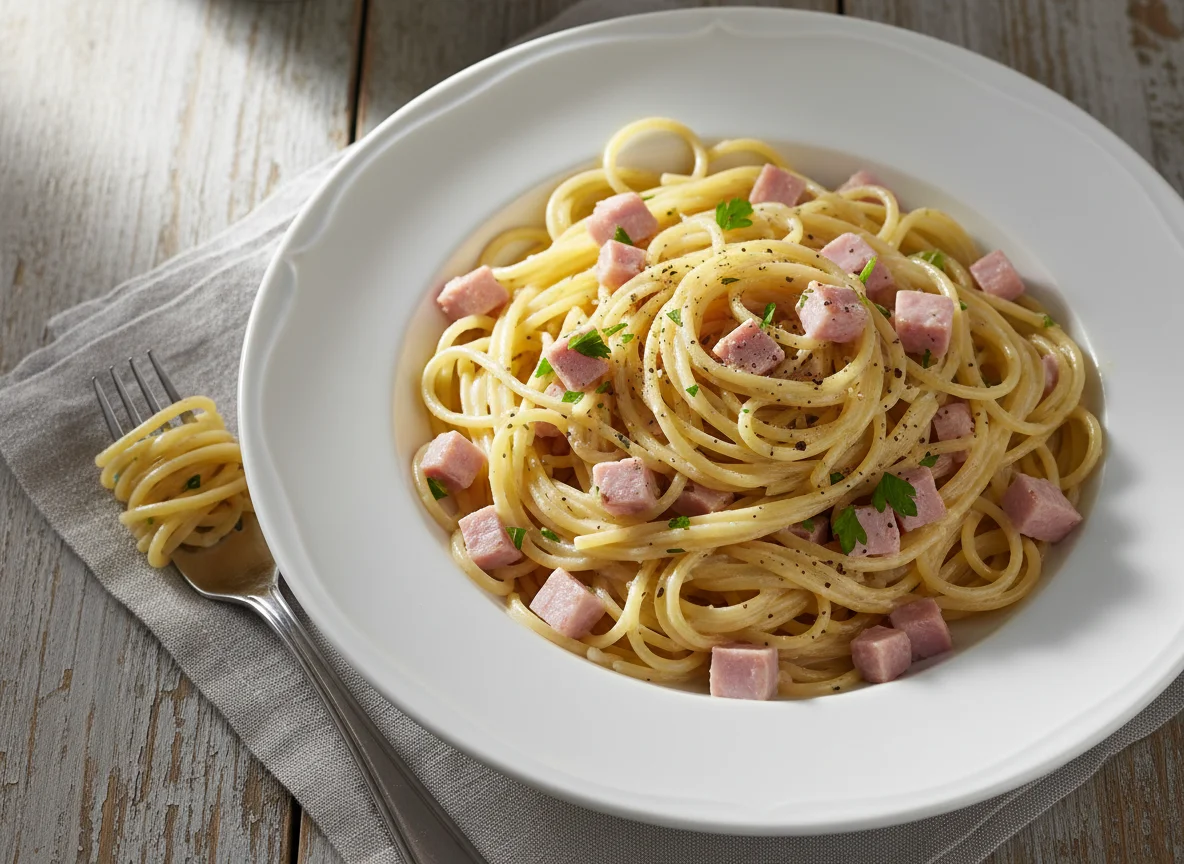 Spaghetti mit Schinken und Sahnesauce photo
