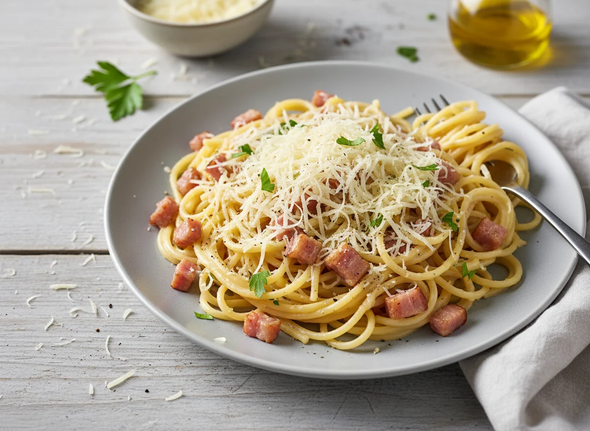 Spaghetti mit Speck und Käse photo