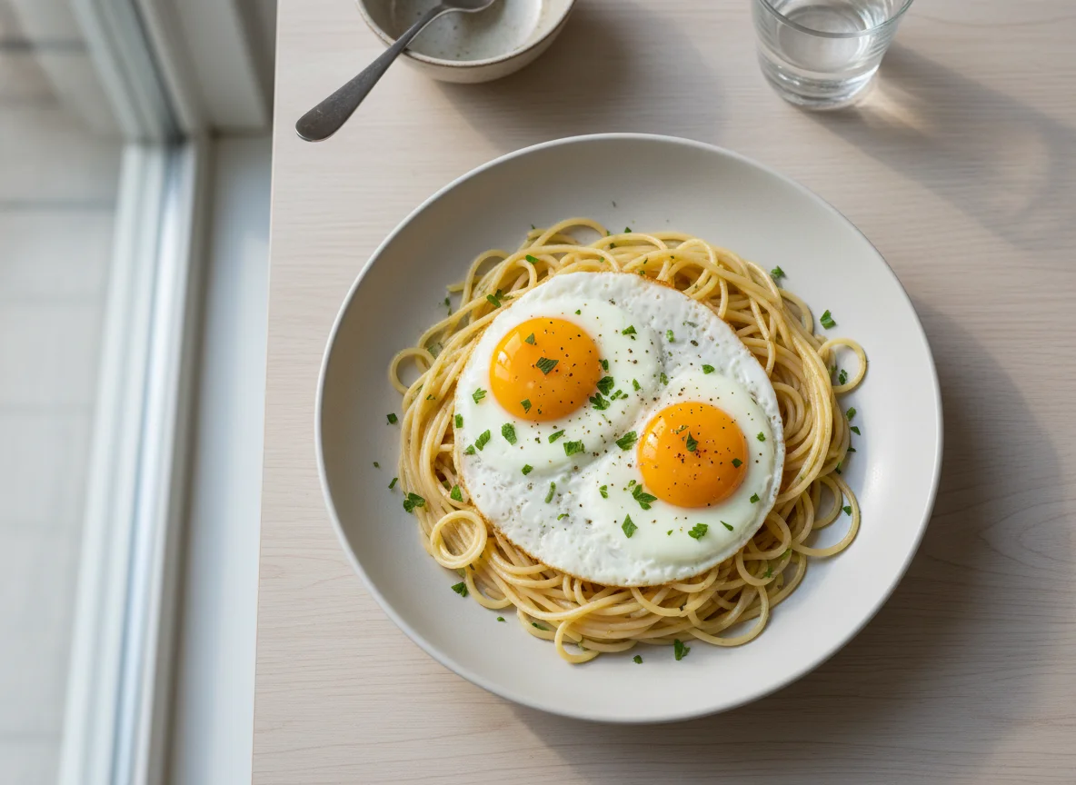Spaghetti mit Spiegeleiern photo