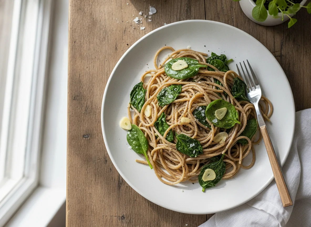 Spaghetti mit Spinat und Knoblauch photo