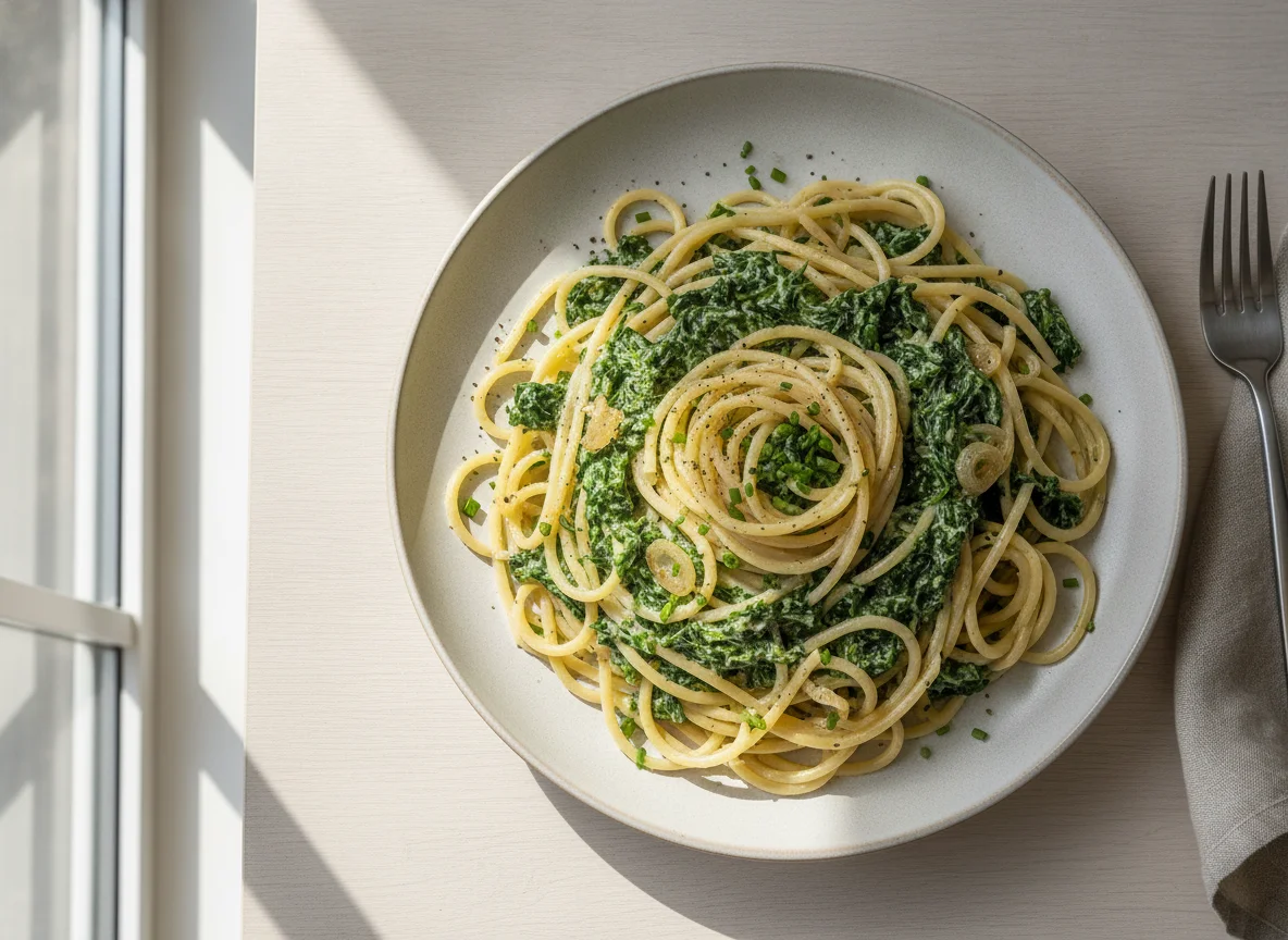 Spaghetti mit Spinat und Sahnesauce photo