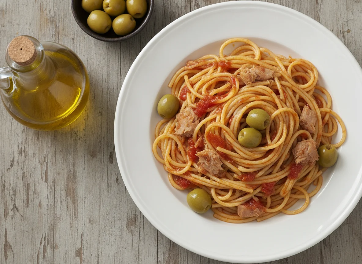 Spaghetti mit Thunfisch und Oliven photo