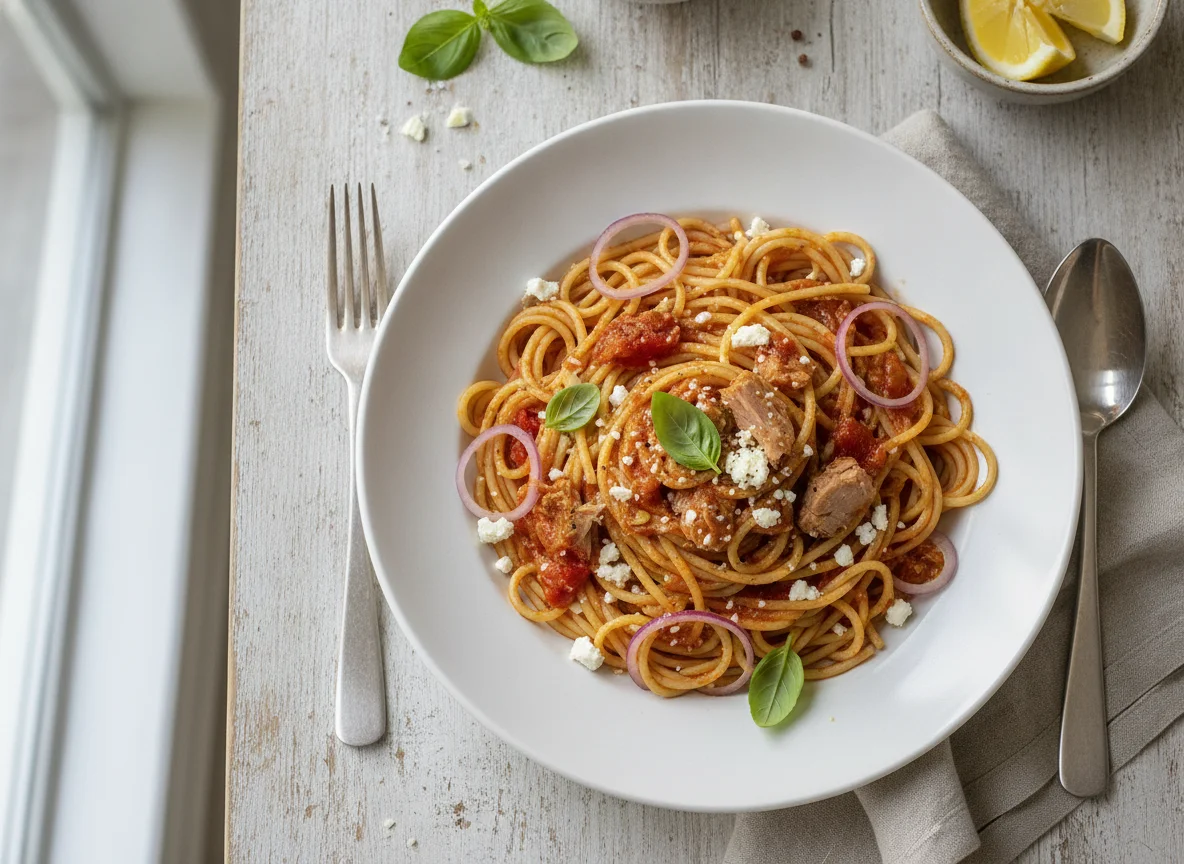 Spaghetti mit Thunfisch und Tomatensauce photo