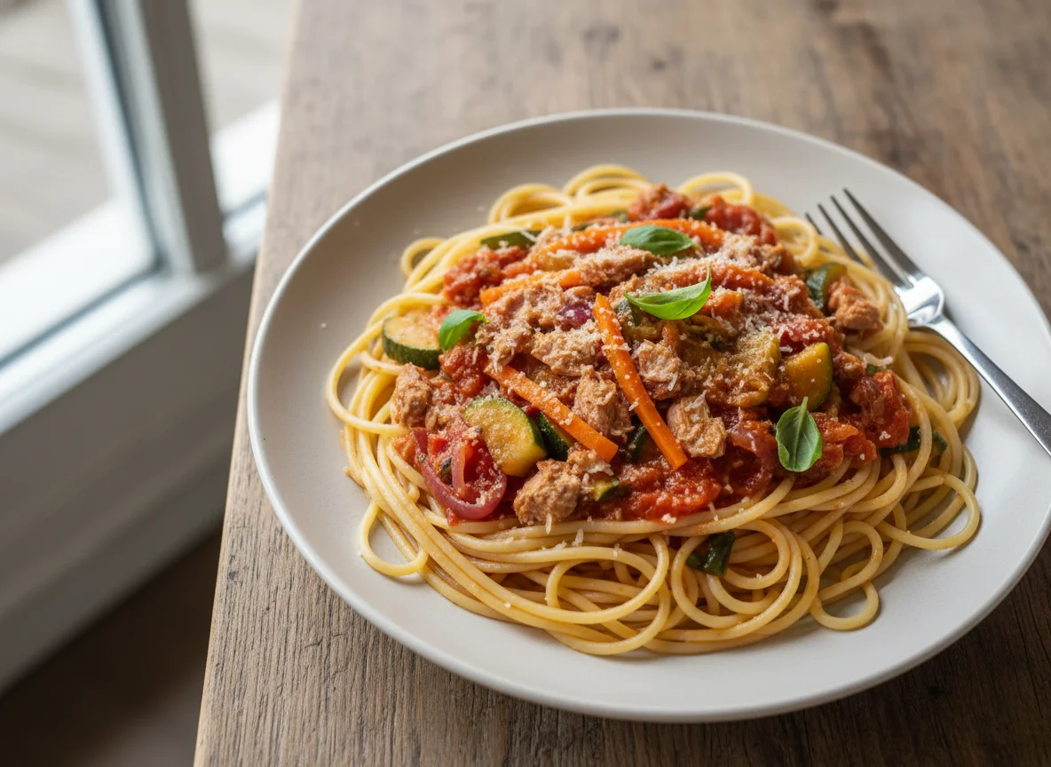 Spaghetti mit Thunfisch-Gemüse-Sauce photo