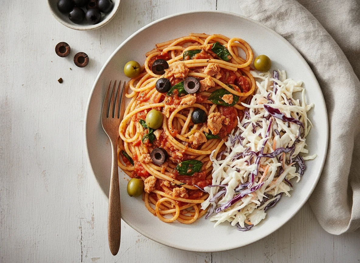 Spaghetti mit Thunfischsauce, Oliven und Krautsalat photo