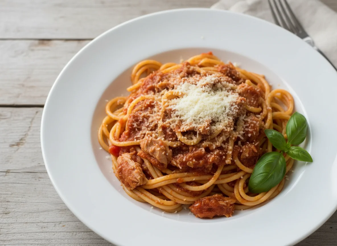 Spaghetti mit Thunfischsauce und Parmesan photo