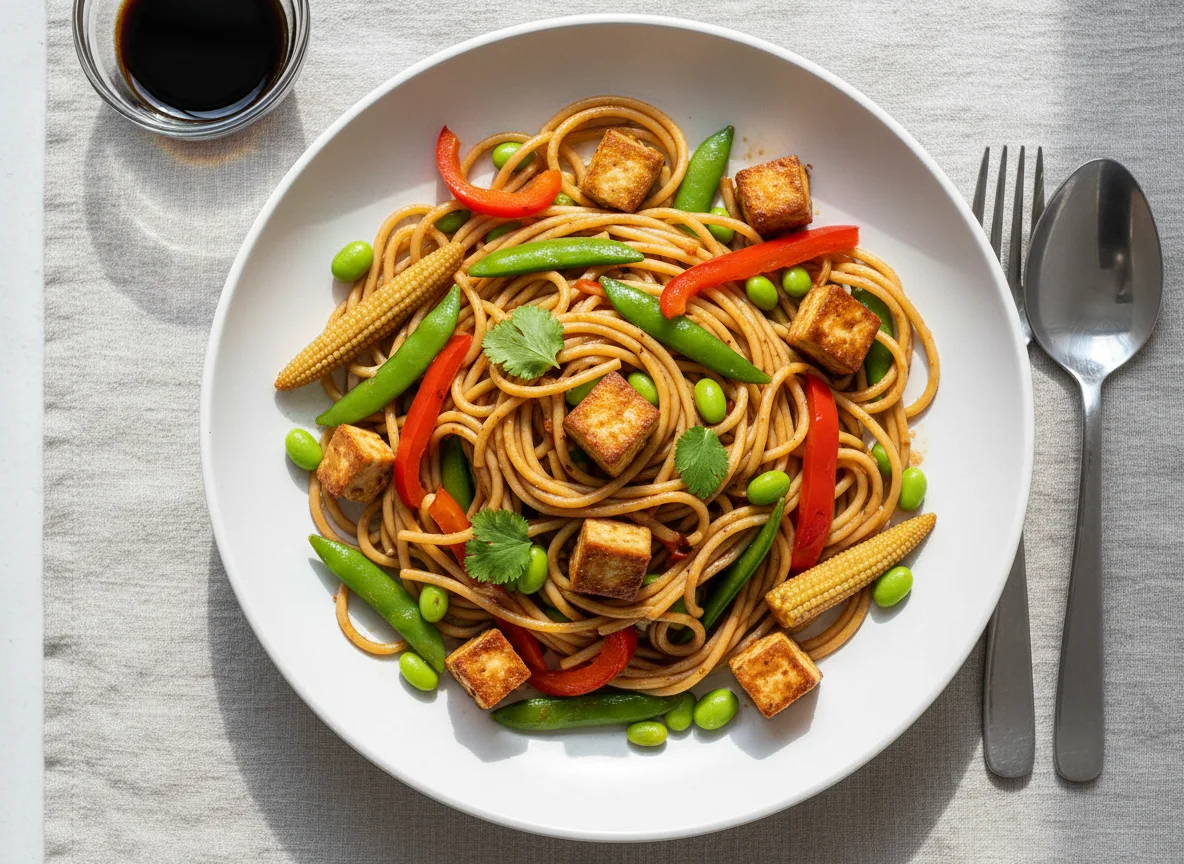 Spaghetti mit Tofu und Gemüse photo