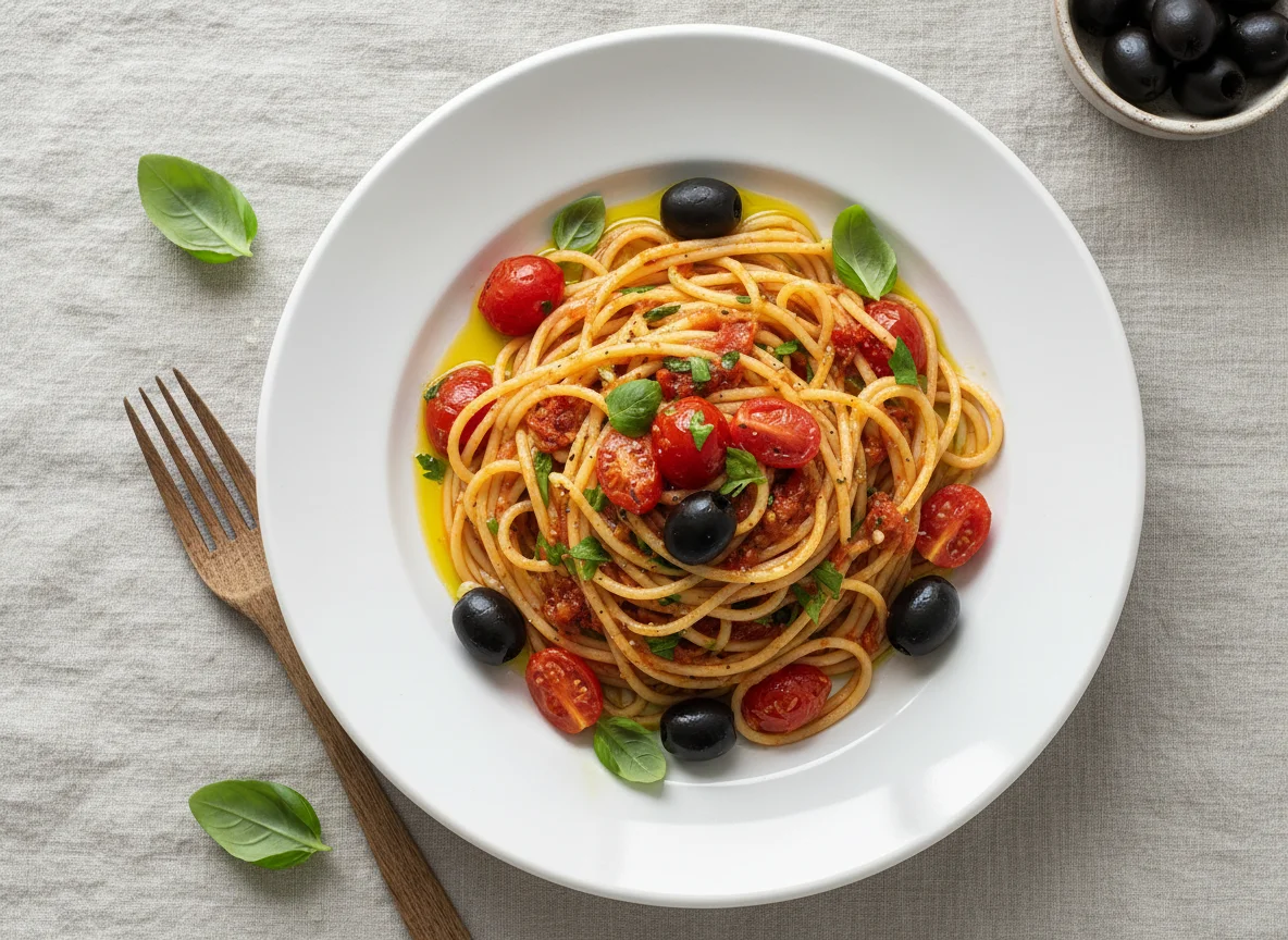 Spaghetti mit Tomaten und Oliven photo