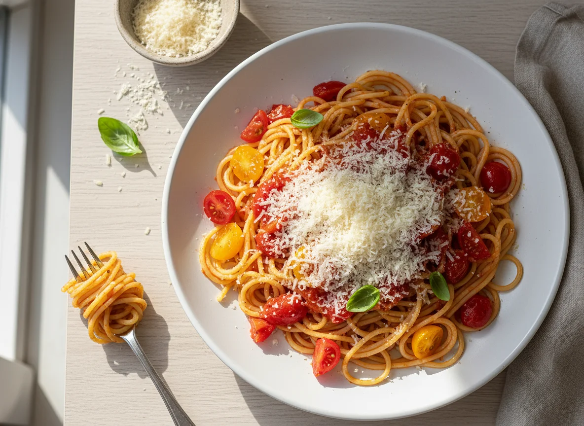 Spaghetti mit Tomaten und Parmesan photo