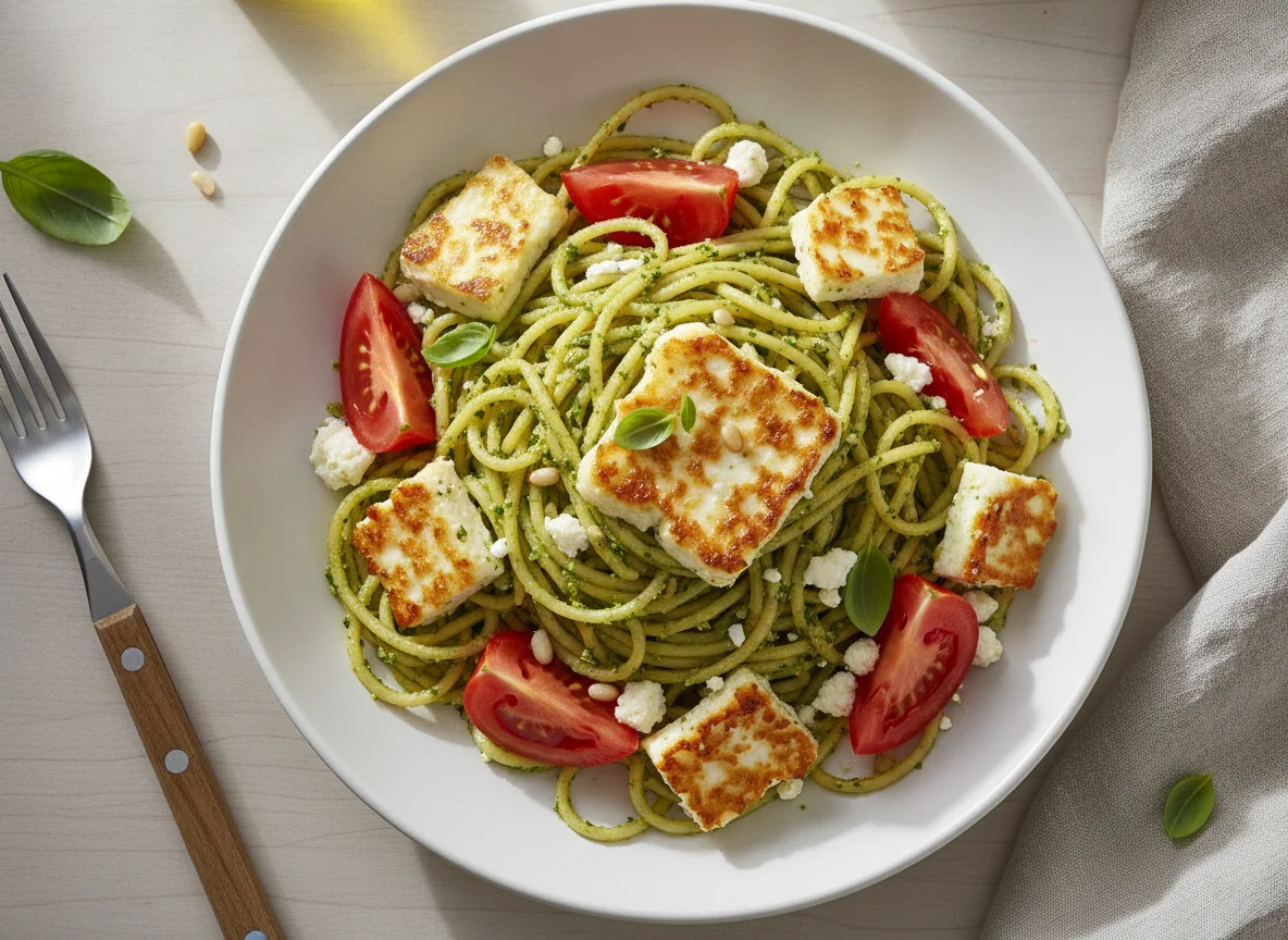 Spaghetti mit Tomaten und Pesto photo