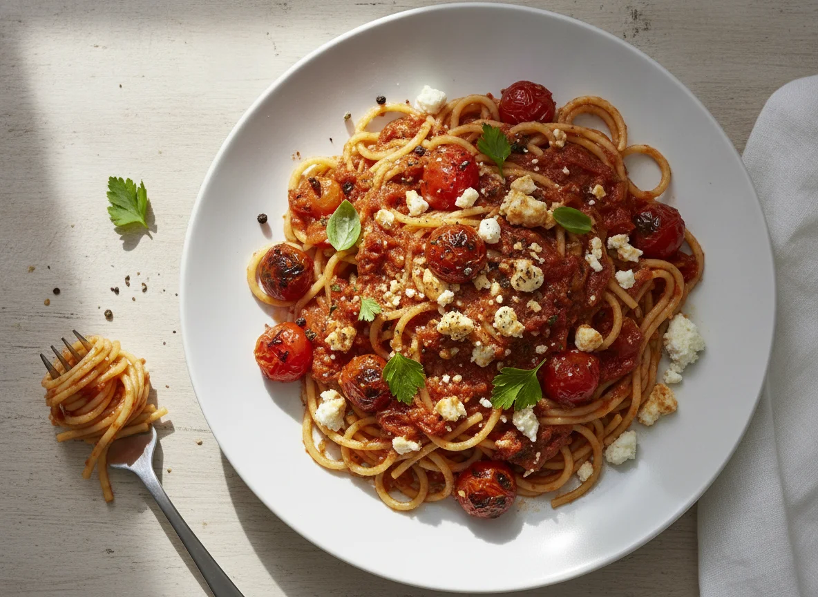 Spaghetti mit Tomaten-Feta-Sauce photo