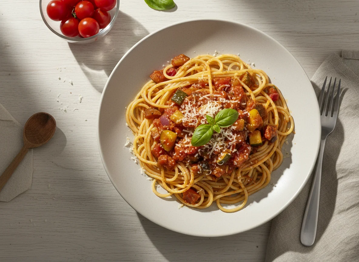 Spaghetti mit Tomaten-Gemüse-Sauce photo